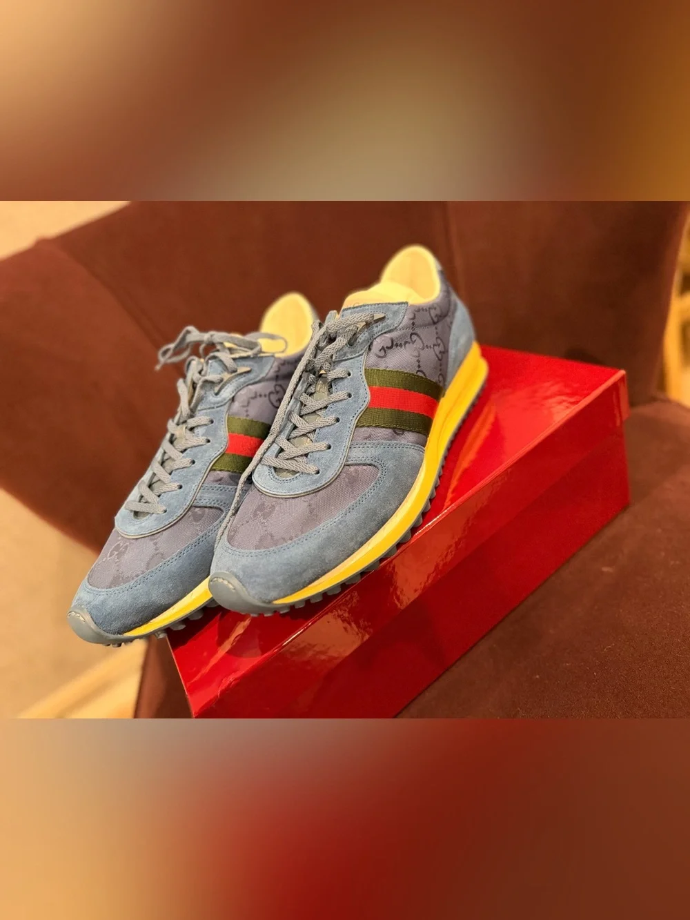 NWT US(11.5) Gucci Blue Suede-Trim Men's Sneakers with Green & Red Stripe